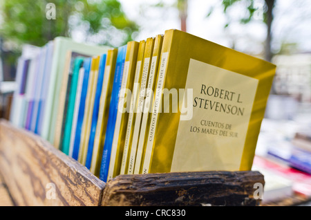 Buch gestapelt im Buchladen der Cuesta de Moyano, Madrid, Spanien Stockfoto