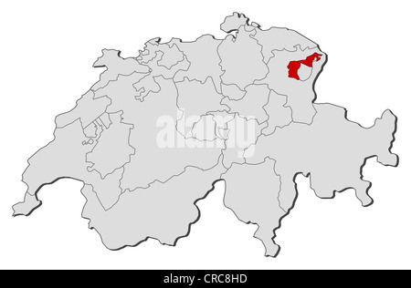 Politische Karte der Schweiz mit den mehreren Kantonen Appenzell Ausserrhoden wo markiert ist. Stockfoto