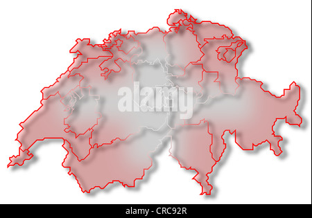 Politische Karte der Schweiz mit den verschiedenen Kantonen. Stockfoto