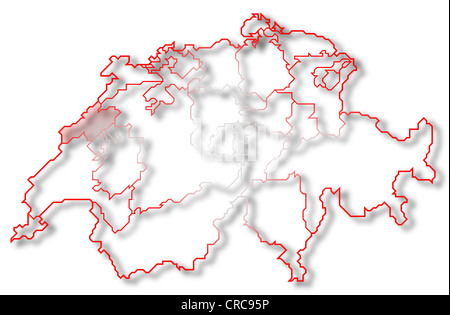 Politische Karte der Schweiz mit den verschiedenen Kantonen Neuenburg wo markiert ist. Stockfoto