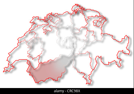 Politische Karte der Schweiz mit den mehreren Kantonen Wallis wo markiert ist. Stockfoto