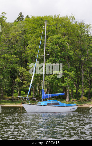 Eine kleine Yacht vor einer Insel am Loch Lomond, Argyll, Schottland verankert Stockfoto