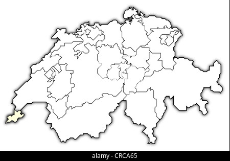 Politische Karte der Schweiz mit den verschiedenen Kantonen Genf wo markiert ist. Stockfoto