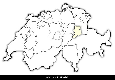 Politische Karte der Schweiz mit den mehreren Kantonen Glarus wo markiert ist. Stockfoto