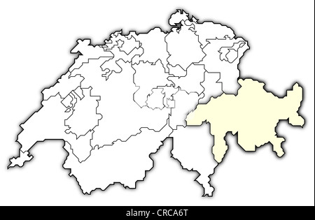 Politische Karte der Schweiz mit den verschiedenen Kantonen, wo Graubünden markiert ist. Stockfoto