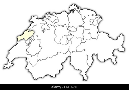 Politische Karte der Schweiz mit den verschiedenen Kantonen Neuenburg wo markiert ist. Stockfoto
