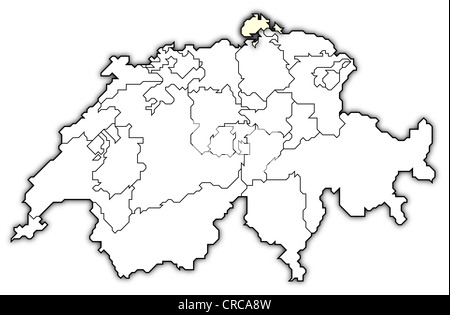 Politische Karte der Schweiz mit den mehreren Kantonen, wo Schaffhausen markiert ist. Stockfoto