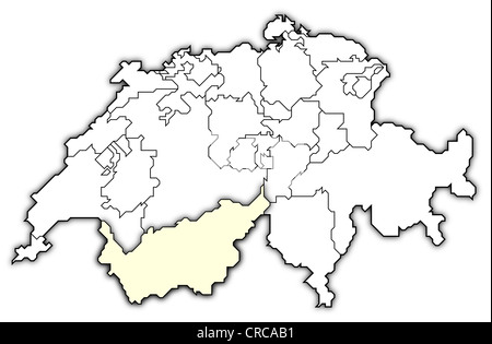 Politische Karte der Schweiz mit den mehreren Kantonen Wallis wo markiert ist. Stockfoto