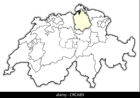 Politische Karte der Schweiz mit den verschiedenen Kantonen Zürich wo markiert ist. Stockfoto