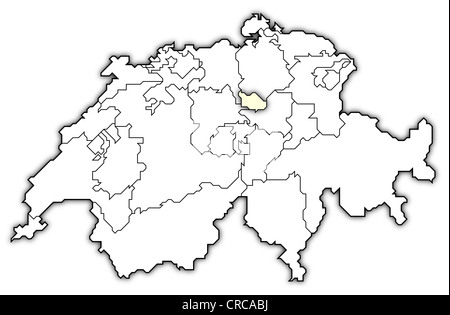 Politische Karte der Schweiz mit den verschiedenen Kantonen Zug wo markiert ist. Stockfoto