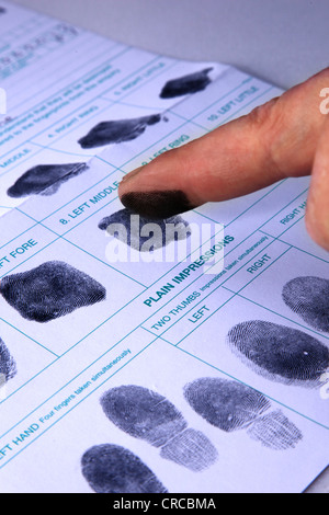 Fingerabdruckaufzeichnung auf Papier aufgezeichnet wird. Stockfoto