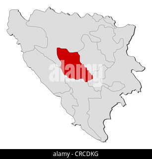 Politische Karte von Bosnien und Herzegowina mit den mehreren Kantonen, wo Zentralbosnien markiert ist. Stockfoto