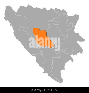 Politische Karte von Bosnien und Herzegowina mit den mehreren Kantonen, wo Zentralbosnien markiert ist. Stockfoto
