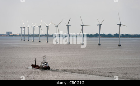 Cargo Schiff vor einen Offshore-Windpark in den Øresund außerhalb von Kopenhagen, Dänemark, Europa Stockfoto