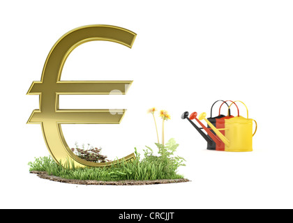 Euro-Symbol neben Gießkannen in den deutschen Nationalfarben, symbolisches Bild von einem Euro Anlage, Illustration, 3D Visualisierung Stockfoto