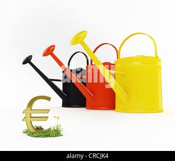 Gießkannen in den deutschen Nationalfarben neben ein Euro-Symbol, symbolisches Bild einer Euro-Anlage, Abbildung Stockfoto