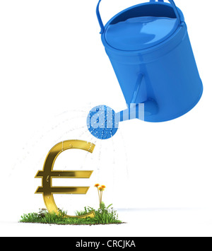 Gießkanne gießen Wasser über ein Euro-Symbol, symbolisches Bild von einem Euro Anlage, Illustration, 3D Visualisierung Stockfoto