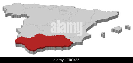 Politische Karte von Spanien mit mehreren Regionen wo Andalusien markiert ist. Stockfoto