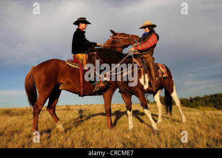 Ein Cowgirl und ein Cowboy sitzt auf ihre Pferde, Saskatchewan, Kanada Stockfoto