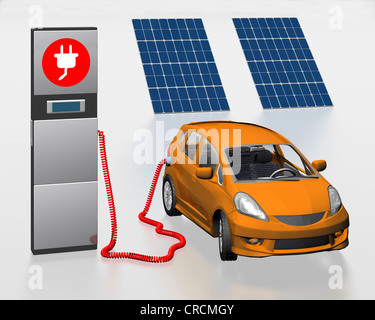 Elektroauto mit Solardach in einem Kraftwerk, Abbildung Stockfoto