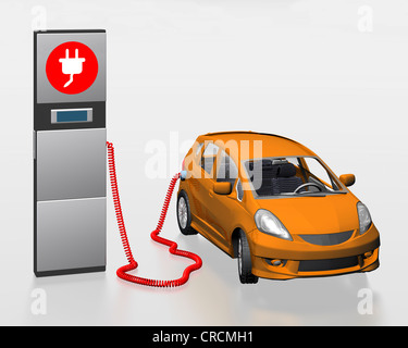 Elektroauto mit Solardach in einem Kraftwerk, Abbildung Stockfoto