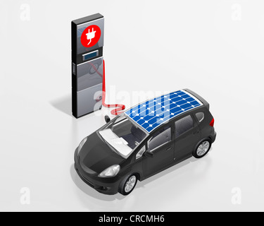 Elektroauto mit Solardach in einem Kraftwerk, Abbildung Stockfoto