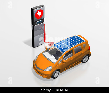 Elektroauto mit Solardach in einem Kraftwerk, Abbildung Stockfoto