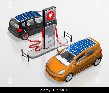 Elektroautos mit Solardächer in einem Kraftwerk, Abbildung Stockfoto