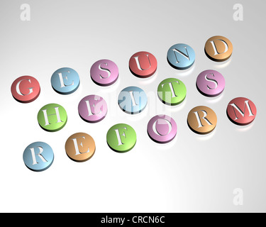 Tabletten, die Schreibweise des Wortes Gesundheitsreform, symbolisches Bild für die deutschen Gesundheitsreform, Abbildung Stockfoto