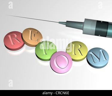 Spritze mit Tabletten, die Rechtschreibung, das Wort Reform, symbolisches Bild für die Reform des Gesundheitswesens, Abbildung Stockfoto