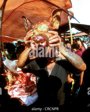 Samstag-Markt in dem Dorf Tomahon. Ein Metzger mit neu geschlachteten Schweinekopf, Indonesien, Sulawesi Stockfoto