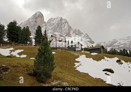 Almhütten am Passo Delle Erbe Mountain pass, Peitlerkofel Berg hinter, Dolomiten, Südtirol, Italien, Europa Stockfoto