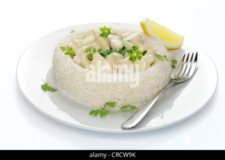 Hühnerfrikassee mit Spargel, Erbsen und Pilze in einem Ring von Reis Stockfoto