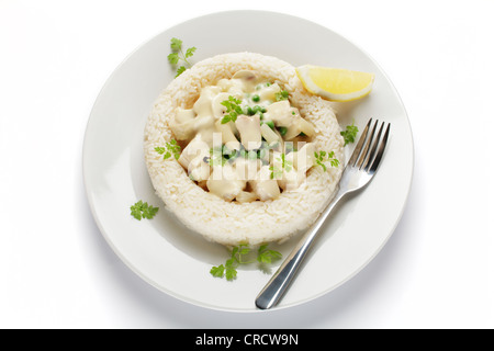 Hühnerfrikassee mit Spargel, Erbsen und Pilze in einem Ring von Reis Stockfoto