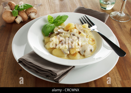 Kartoffel-Gnocchi mit Pilzen in Sahnesauce Stockfoto