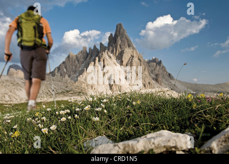 Wanderer vor Tre Cime di Lavaredo, Dolomiten, Südtirol, Italien Stockfoto