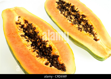 Papayafrucht, Paw Paw, Mamao, Papaya, Papaya Baum Melone (Carica Papaya), in Scheiben geschnitten Stockfoto