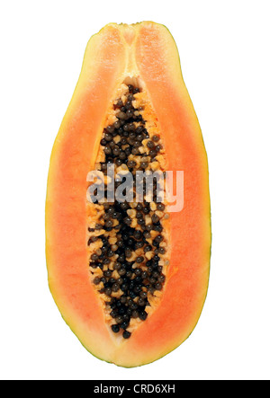 Papayafrucht, Paw Paw, Mamao, Papaya, Papaya Baum Melone (Carica Papaya), in Scheiben geschnitten Stockfoto