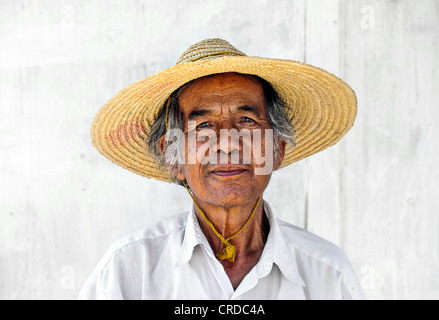 Porträt eines älteren Mannes mit Stroh Hut am Inle See in Myanmar, Birma, Südostasien, Asien Stockfoto