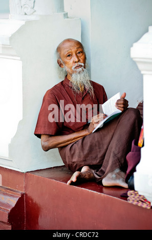 Lesen Mönch sitzt zwischen den Säulen der Shwedagon-Pagode in Yangon, Myanmar, Birma, Südostasien, Asien Stockfoto