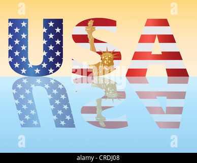 Amerikanische Flagge USA Alphabet Silhouette mit Freiheitsstatue Liberty Abbildung skizziert Stockfoto