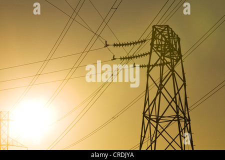Hochspannungs Strommasten in der Abendsonne, American Canyon, Kalifornien, USA Stockfoto