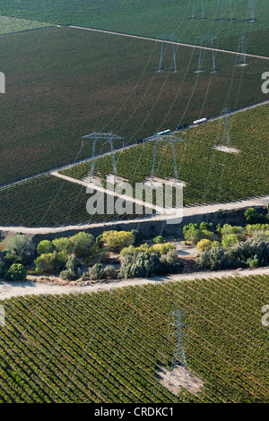 Luftaufnahme, Übertragung Hochspannungsmasten in der Agrarlandschaft Central Valley, Huron, Kalifornien, USA Stockfoto