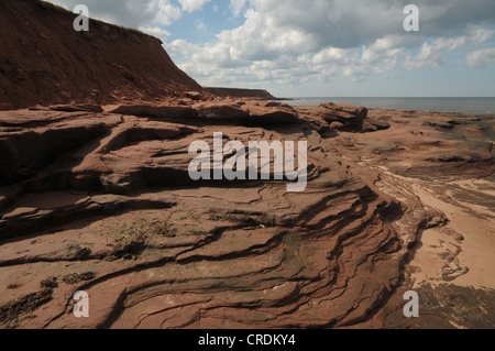 Die roten Klippen von Prince Edward Island, erstellen die roten Klippen der P.E.I prasselt nach vielen Wellen des Atlantischen Ozeans. Stockfoto