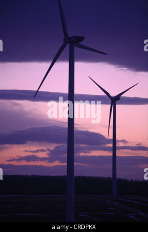 Windkraftanlagen vor Abendhimmel Stockfoto