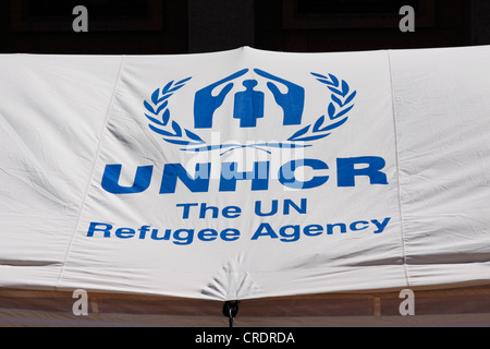 Zelt, Logo, UNHCR, Hohen Kommissars der Vereinten Nationen für Flüchtlinge, Vereinten Nationen, UN, schützende Flüchtlinge und Vertriebene Stockfoto