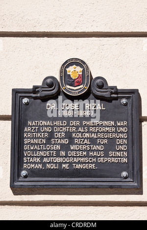 Gedenktafel gewidmet Dr. Jose Rizal, 1861-1896, eine philippinische Nationalheld, Arzt, Dichter, Kritiker, Autor, Berlin Stockfoto