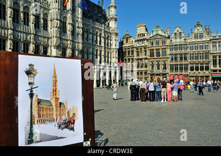 Ein Gemälde von Rathaus, Rathaus und Gildehäuser am Rücken, Grote Markt Platz, Grand Place Platz, Brüssel, Belgien Stockfoto