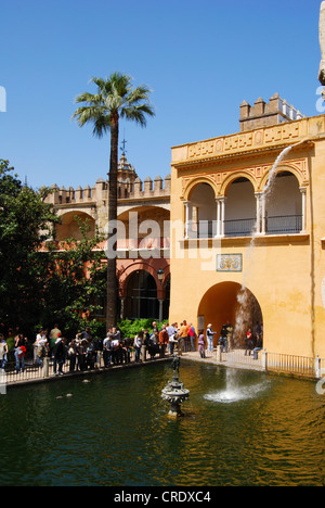 Neuheit-Brunnen und Pool im Garten in der Burg der Könige (Alcazar), Sevilla, Andalusien, Südspanien, Westeuropa. Stockfoto