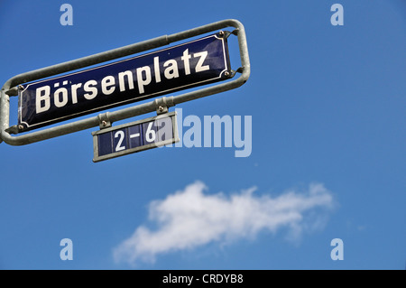 Boersenplatz Straße, Straßenschild vor blauem Himmel, Bankenviertel, Frankfurt, Hessen, Deutschland, Europa Stockfoto